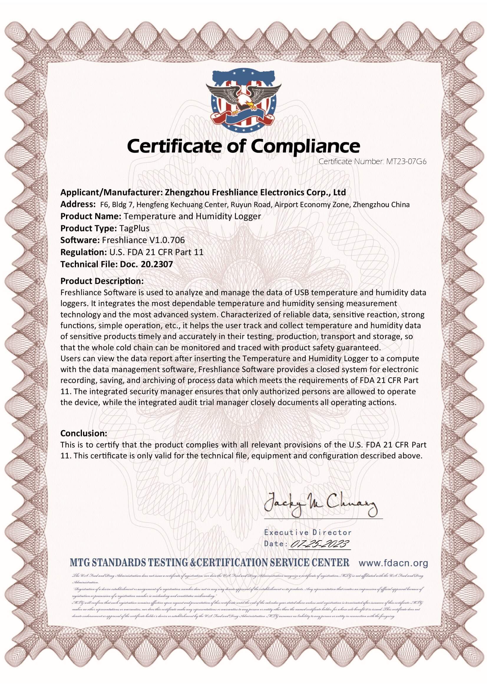 FDA 21 CFR Part 11 Compliance certificat