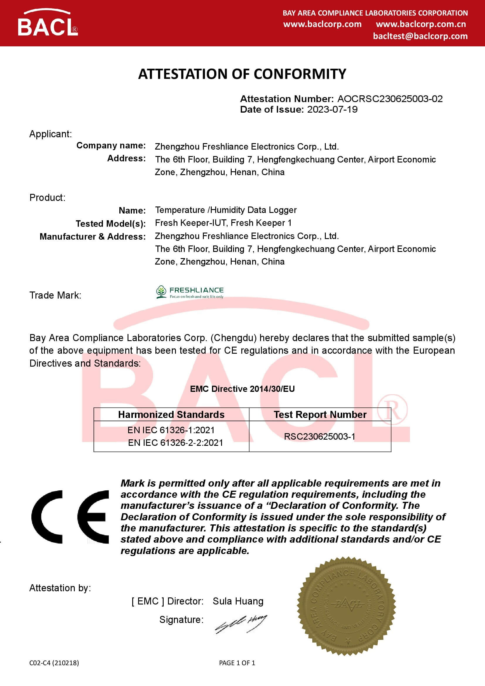 Fresh Keeper CE certificate